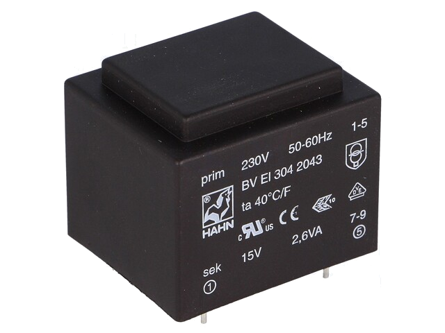 Transformator: ingegoten; 2,6VA; 230VAC; 15V; 174mA; PCB; BVEI Transformator: ingegoten; 2,6VA; 230VAC; 15V; 174mA; PCB; BVEI